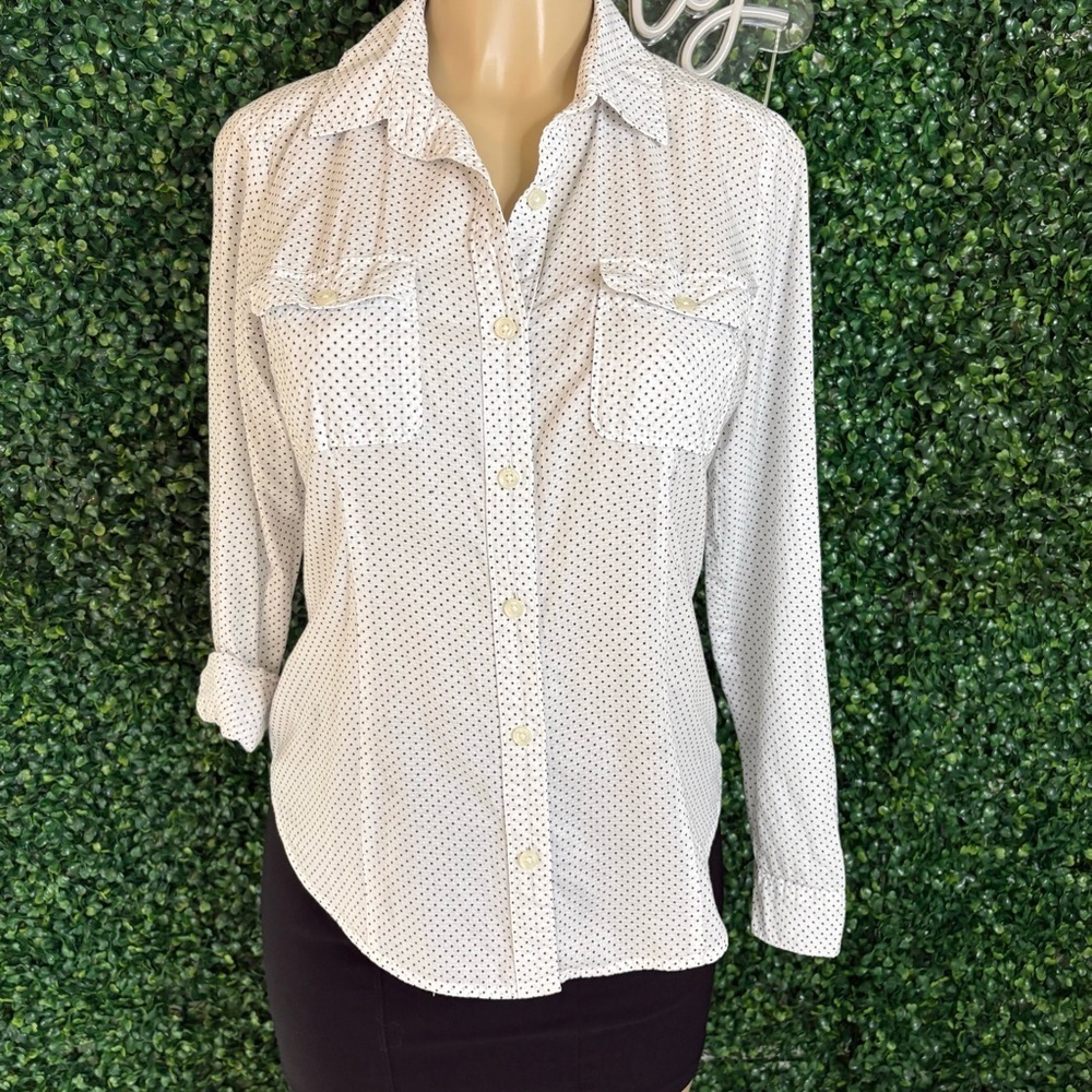 LOFT White and Black Polka Dot Button-Down Shirt
